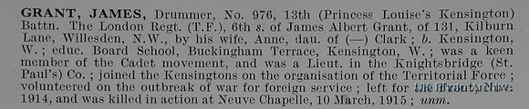 Grant J Drummer 976 13th London Regiment Obit
