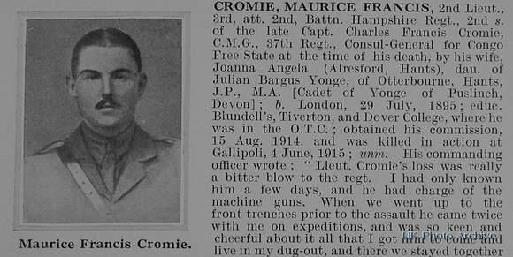 Cromie M F 2nd Lt 2nd Hampshire Regiment Obit Part 1