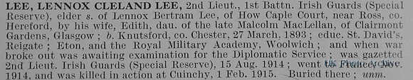 Lee L C L 2nd Lt 1st Irish Guards Obit