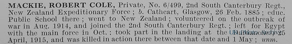 Mackie R C Pte 6/499 2nd South Canterbury Regiment New Zealand Expeditionary Force Obit