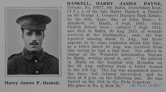 Haskell H J P Pte 10977 5th Dorset Regiment Obit