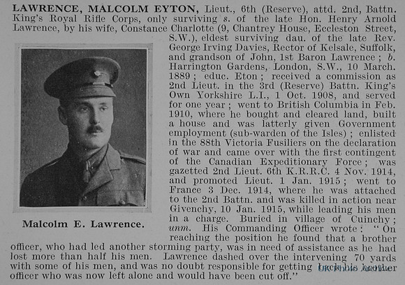 Lawrence M E Lt 6th Attd 2nd Kings Royal Rifle Corps Obit