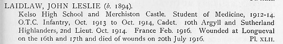 Laidlaw J L 2nd Lt 10th Argyll And Suther;and Highlanders Obit