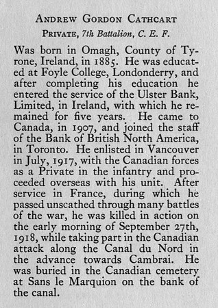 Cathcart A G Pte 2223368 7th Canadian Infantry Obit Bank Of Montreal Memorial Of The Great War