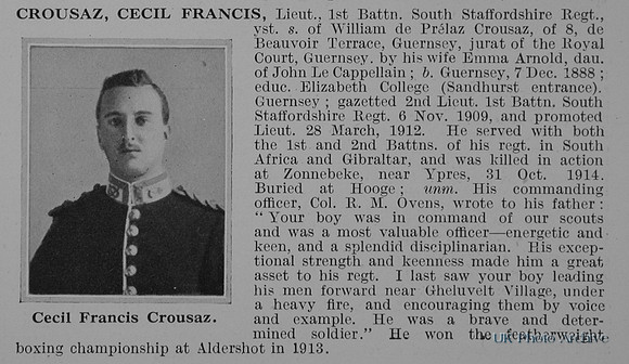Crousaz C F Lt 1st South Staffs Regiment Obit