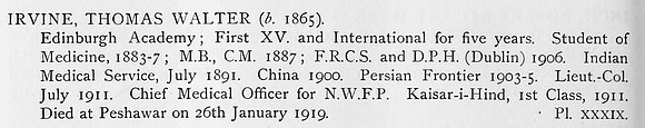 Irvine T W Lt Col Indian Medical Service Obit