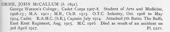 Orme J M Captain MC Royal Army Medical Corps