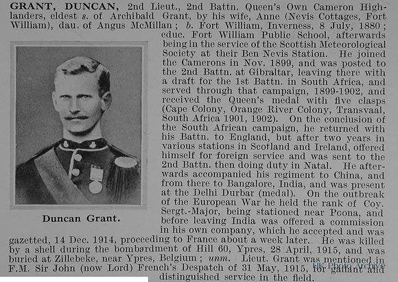 Grant D 2nd Lt 2nd Cameron Highlanders Obit