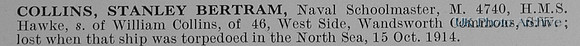 Collins S B Naval Schoolmaster HMS Hawke Royal Navy Obit