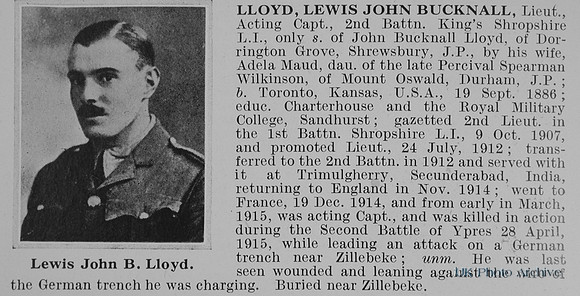 Lloyd L J B Lt 2nd Kings Shropshire Light Infantry Obit
