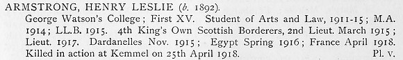 Armstrong H L 2nd Lt 4th Kings Own Scottish Borderers