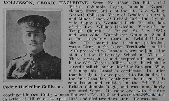Collisson C H Sergt 16846 7th Canadian Expeditionary Force Obit