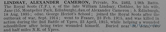 Lindsay A C Pte 2462 9th Royal Scots Obit