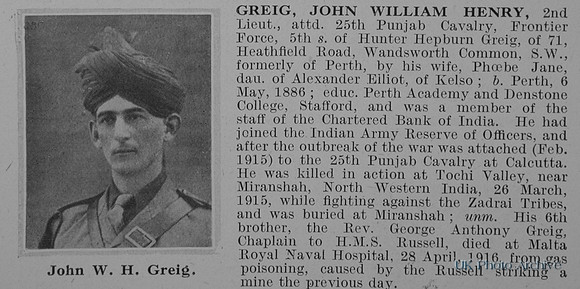 Greig J W H 2nd Lt Indian Army Obit