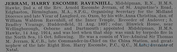 Jerram H E R Midshipman HMS Hawke Royal Navy Obit
