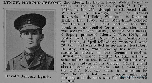 Lynch H J 2nd Lt 1st Royal Welsh Fusiliers Obit