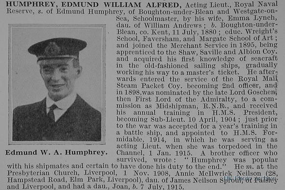 Humphrey E W A Lt HMS Formidable Royal Naval Reserve Obit