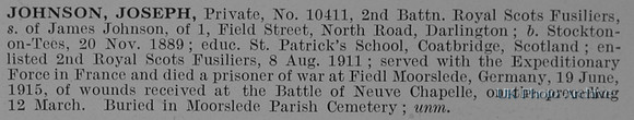 Johnson J Pte 10411 2nd Royal Scots Fusiliers Obit
