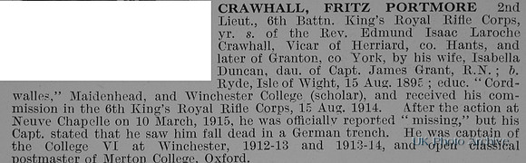 Crawhall F P 2nd Lt 6th Kings Royal Rifle Corps Obit De Ruvignys Roll Of Honour Vol 1