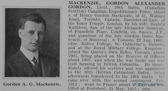 MacKenzie G A G Lt 16th Canadian Expeditionary Force Obit