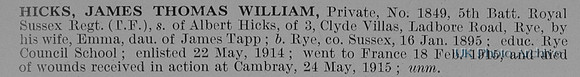 Hicks J T W Pte 1849 5th Royal Sussex Regiment Obit
