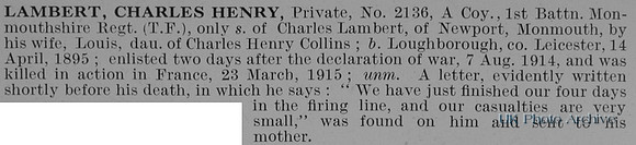 Lambert C H Pte 2136 1st Monmouthshire Regiment Obit