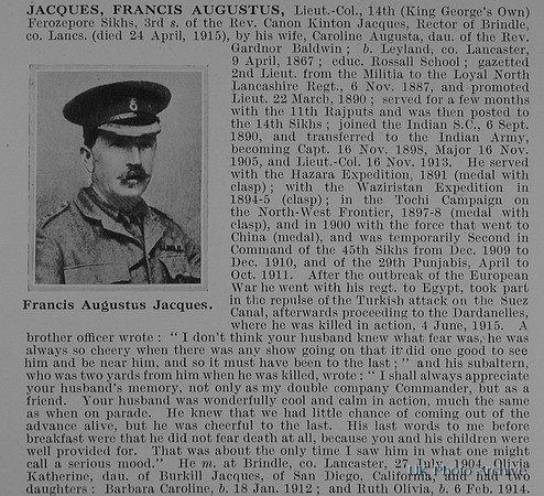 Jaques F A Lt Col Indian Army Obit