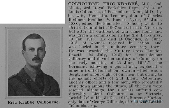 Colbourne E K 2nd Lt MC 3rd Royal Berkshire Regiment Obit
