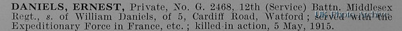 Daniels E Pte G2568 12th Middlesex Regiment Obit