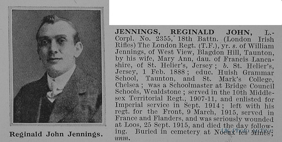Jennings R J L/Cpl 2355 18th London Regiment Obit