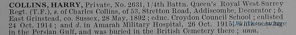 Collins H Pte 2631 4th Queens Royal West Surrey Regiment Obit