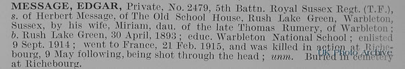 Message E Pte 2479 5th Royal Sussex Regiment Obit