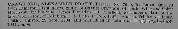 Crawford A P Pte 7049 1st Cameron Highlanders Obit