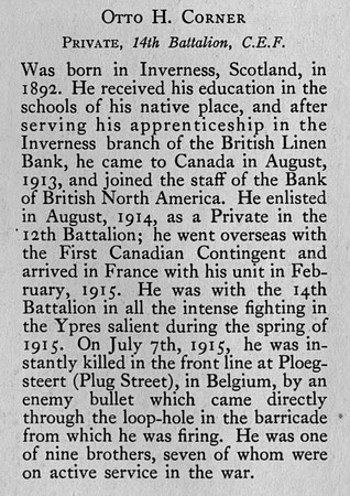Corner O H Pte 22979 14th CEF Obit Bank Of Montreal Memorial Of The Great War