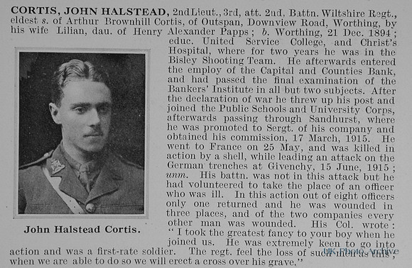 Cortis J H 2nd Lt 2nd Wiltshire Regiment Obit