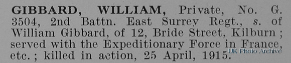 Gibbard W Pte G/3504 2nd East Surrey Regiment Obit