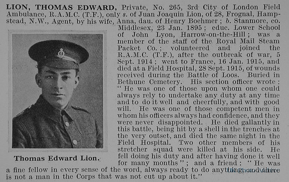 Lion T E Pte 265 Royal Army Medical Corps Obit