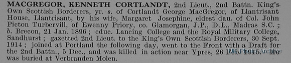 MacGregor K C 2nd Lt 2nd Kings Own Scottish Borderers Obit