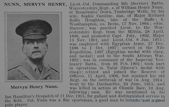 Nunn M H Lt Col 9th Worcestershire Regiment Obit