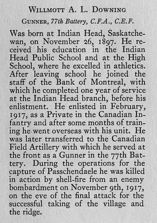 Downing W A L Gnr 1250732 Canadian Field Artillery Obit  Bank Of Montreal Memorial Of The Great War