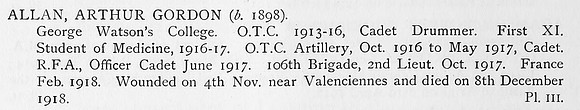 Allan A G 2nd Lt Royal Field Artillery