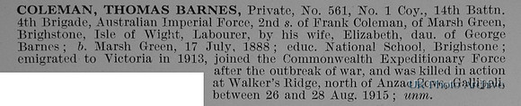 Coleman T B Pte 561 14th Australian Imperial Force Obit