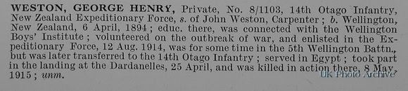 Weston G H Pte 8/1103 14th Otago Infantry Obit