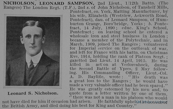 Nicholson L S 2nd Lt 12th London Regiment Obit