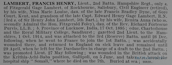 Lambert F H Lt 2nd Hampshire Regiment Obit