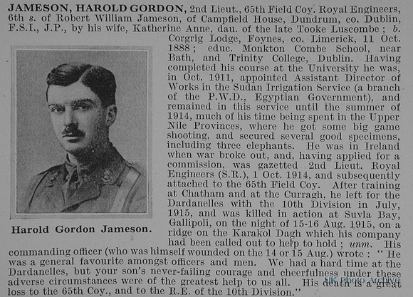 Jameson H G 2nd Lt Royal Engineers Obit