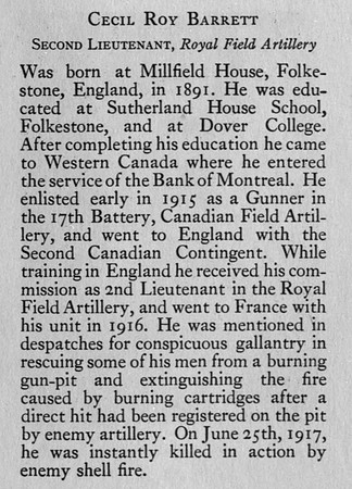 Barrett C R 2nd Lt Royal Field Artillery Obit