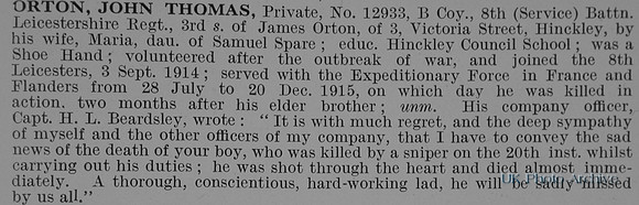 Orton J T Pte 12933 8th Leicetershire Regiment Obit De Ruvignys Roll Of Honour Vol 1