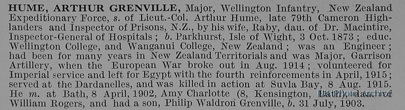 Hume A G Major Wellington Infantry NZEF Obit