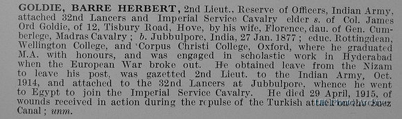 Goldie B H 2nd Lt Indian Army Obit